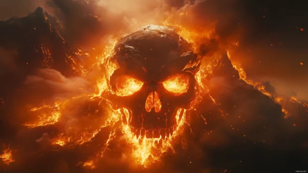 Skull with fiery eyes, molten lava cracks, and a storm of flames, creating a fierce atmosphere.