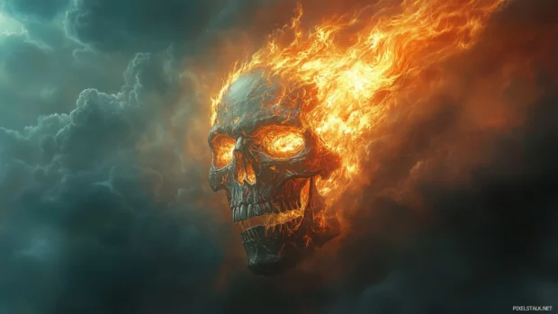Skull with fiery tendrils, jagged spikes, swirling flames and smoke, intense and fierce.