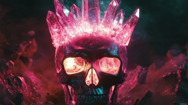 Skull with fractured crystal crown glowing from within.