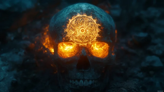 Skull with glowing mandala etched into forehead.