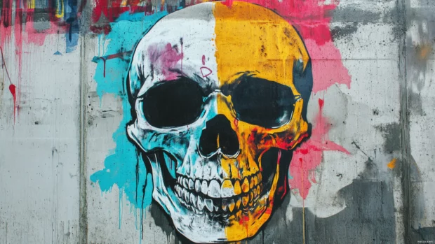Skull with graffiti spray on abstract concrete wall.