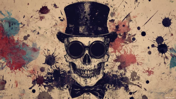Skull with monocle and top hat framed in grungy paint splashes.