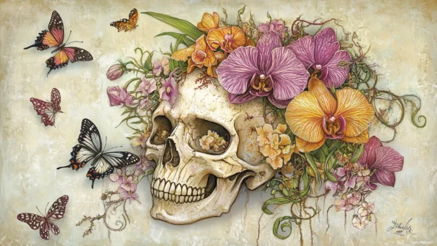Skull with orchids and butterflies, pastel palette, intricate linework, serene feel.