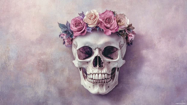 Skull with pastel rose crown tiled across soft purple canvas.