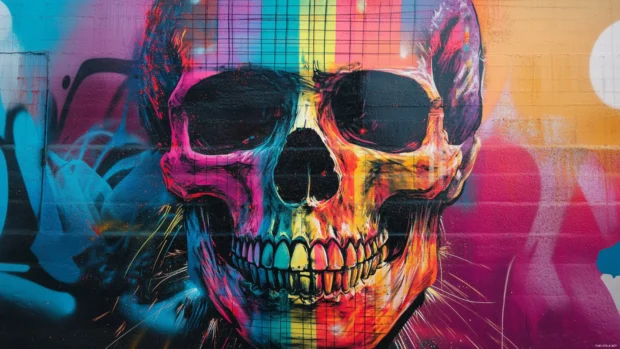 Skull with rainbow grid and retro graffiti sparks.