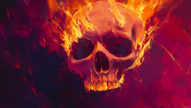 Skull with red and yellow flames from its cracks, set against deep shadows for a striking contrast.