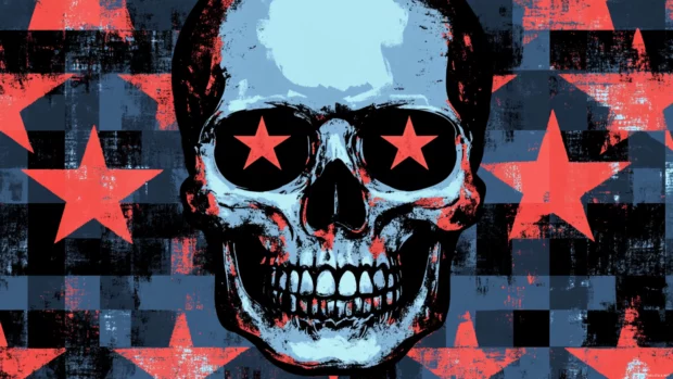 Skull with star eyes pattern repeated in pixelated grid.