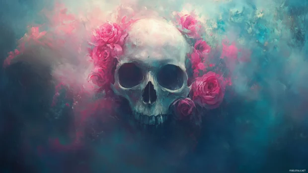 Skull with vibrant roses and peonies, dark and soft colors, misty ethereal background.