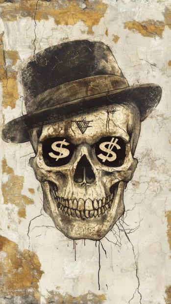Skull with vintage fedora, dollar signs in eyes, textured background.
