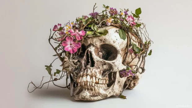 Skull wrapped in vines and blooming with wildflowers.