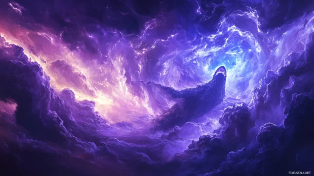 Sky above Godzilla glows as electric clouds swirl in violet and blue.