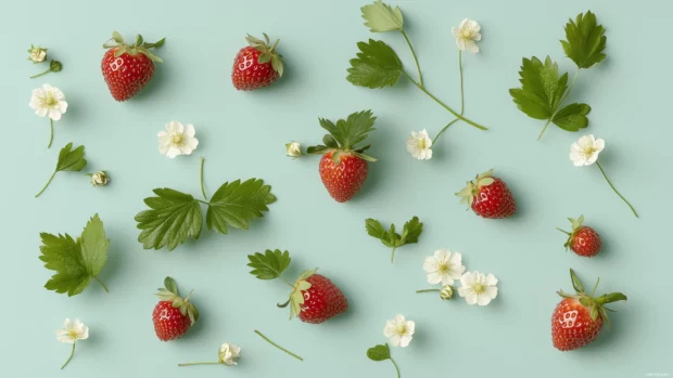 Sky blue background with scattered hand drawn strawberries, blossoms, leaves, cozy simple natural look.