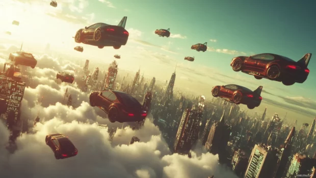 Sky highway full of neon flying cars in a Cyberpunk city.