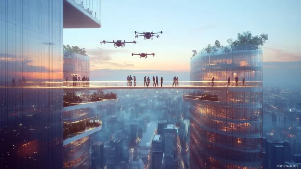 Skybridge connecting two tech towers with LED lit glass floors and hovering drones.