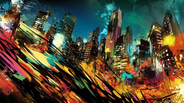 Skyline bending with energy in a dynamic graffiti cityscape wallpaper for desktop.