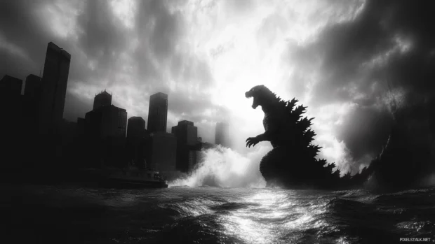 Skyline bends around the silhouette of Godzilla bursting with power.