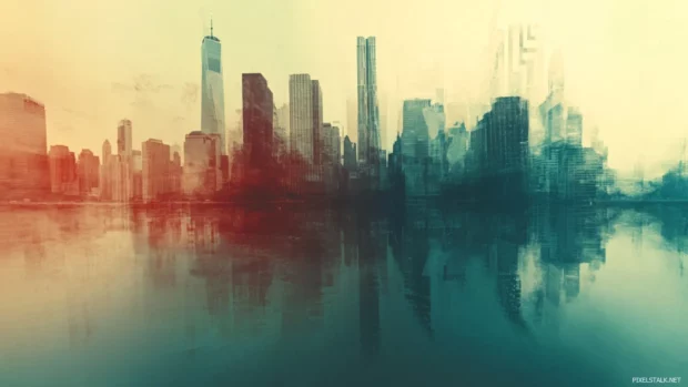 Skyline dissolving into letter fragments and painted haze.