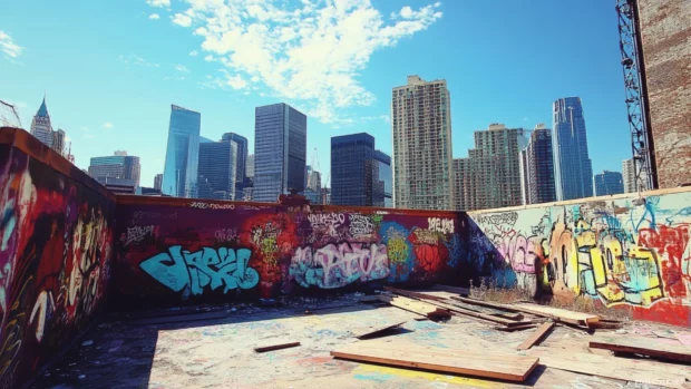 Skyline drenched in graffiti tones and artistic tag expressions.