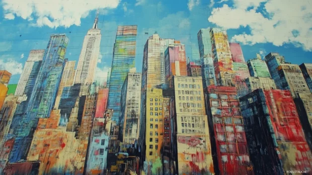 Skyscraper graffiti mural extending across entire skyline.