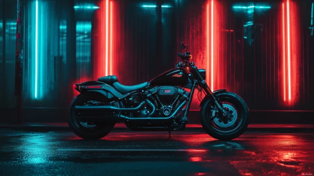 Sleek black Harley Davidson under neon street lights.