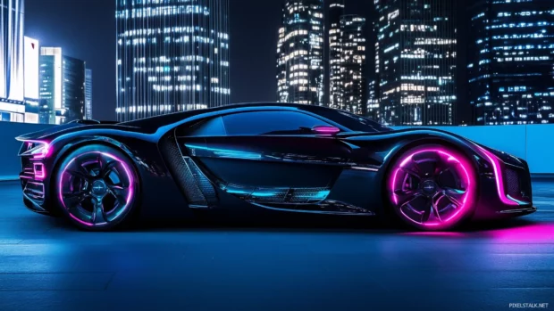 Sleek black car, neon blue pink lights, reflecting smooth surface, futuristic cityscape illuminated skyscrapers.