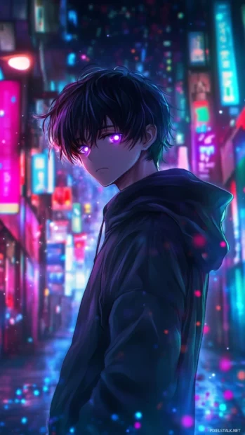 Sleek black hoodie anime boy, neon urban alley, glowing eyes, vibrant cityscape.