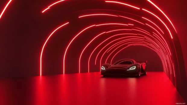 Sleek car racing under arches of red neon.