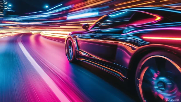Sleek car reflections, vibrant neon lights, neon highway, city chrome night.