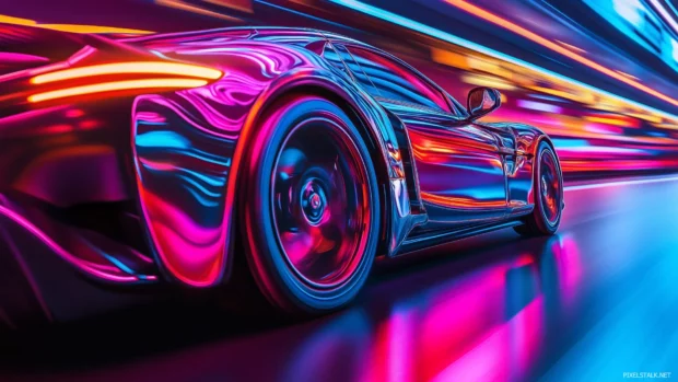 Sleek electric car, glowing neon underglow, vibrant lights reflecting chrome body, futuristic neon road, glowing streetlights distant buildings.