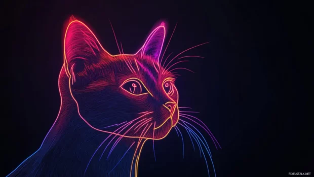 Sleek modern drawing of a cat outlined in neon on dark background.