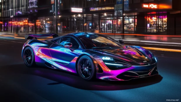 Sleek sports car, vibrant neon lights reflecting colorful patterns, polished body, dark urban street, glowing signs futuristic buildings.