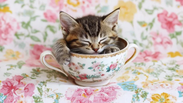 Sleeping kitten inside a teacup on a floral tablecloth.