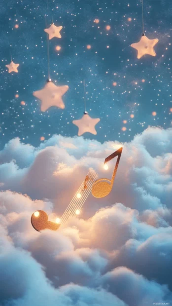 Sleeping note on soft clouds surrounded by stars.