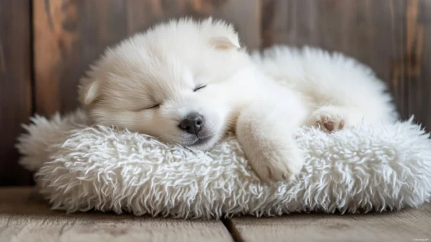Sleepy eyes and tiny yawns, the cute puppy rests on a fluffy pillow.