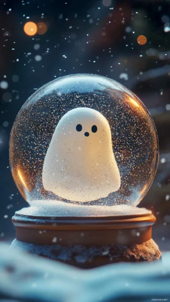 Sleepy ghost gently floats inside a snow globe shaking with glitter.