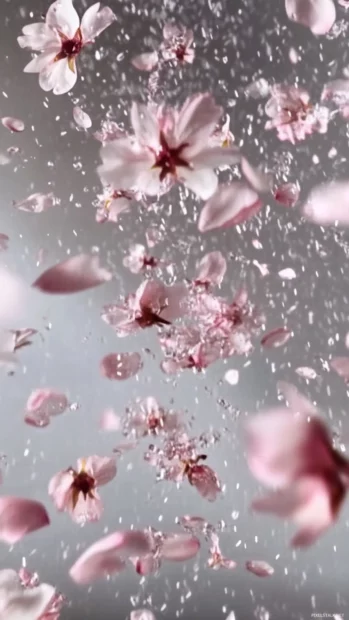 Slow motion cherry blossom petals falling through spring air.