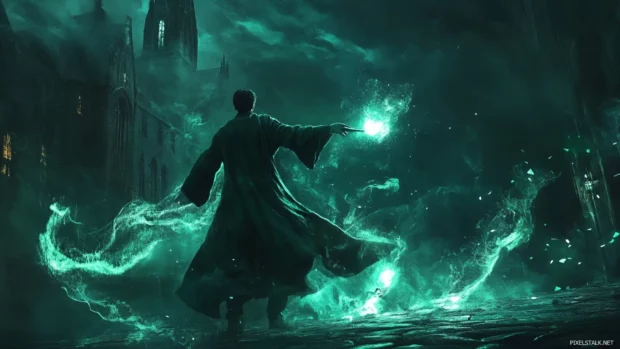 Slytherin theme desktop wallpaper, cinematic illustration of Harry Potter casting a spell at night.
