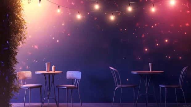Small anime cafe corner with hanging lights and empty chairs.