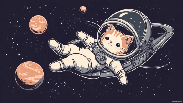 Small cat astronaut drifting in space, planets, spaceship, and adorable helmet.