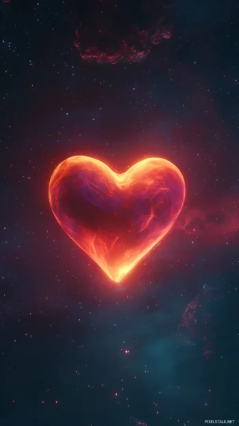 Small neon heart floating against cosmic background.