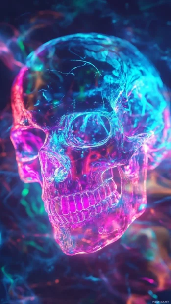 Small neon skull dancing in electric storm.