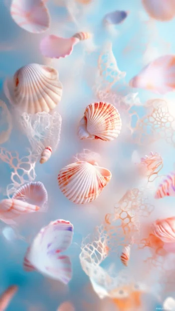 Small pastel seashells and playful summer doodles dancing lightly across a background of soft tones.