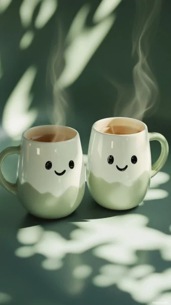 Smiling aesthetic ghosts peek from inside tea mugs with symmetrical shadows.