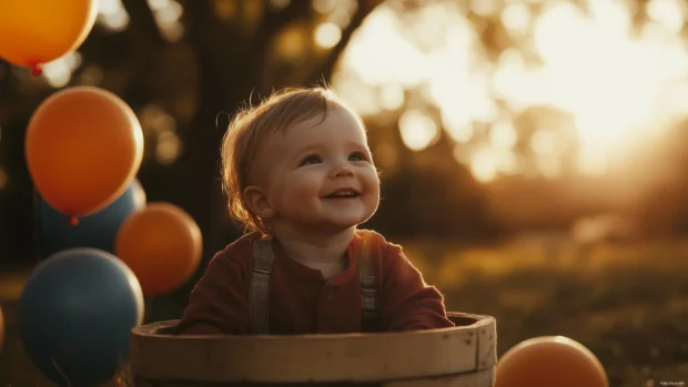 Smiling baby boy sitting in a wooden basket surrounded by colorful balloons and soft sunlight streaming in.
