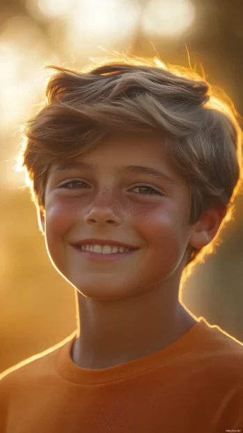 Smiling boy face close up, dimples visible, golden hour light framing happiness.