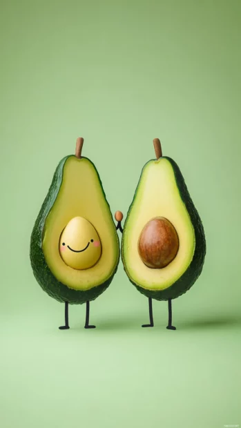 Smiling cartoon avocados holding hands on a pale green background.