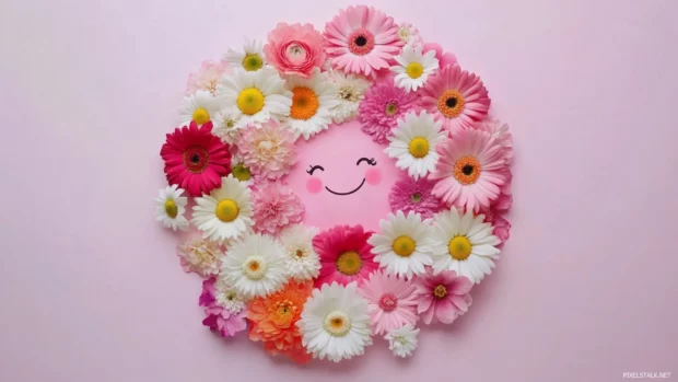 Smiling flower faces in a kawaii circle arrangement.