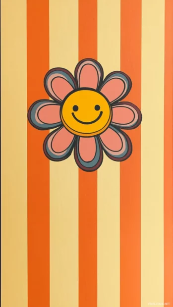 Smiling flower icon repeating on orange retro stripes.