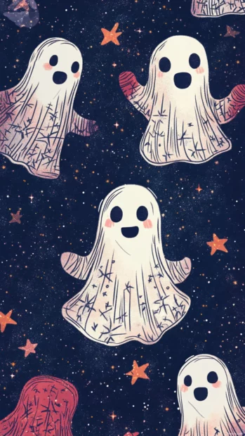 Smiling ghosts wear oversized sweaters while surrounded by glitter and stars in repeated layout.