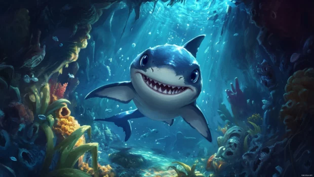Smiling shark waving from treasure cave in cute shark wallpaper.